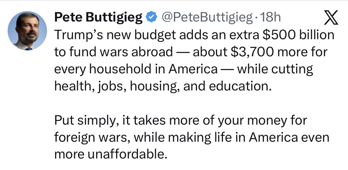 I will vote to fund a new American dream for the 21st-century that includes getting an education, finding a job, and buying a home, not unnecessary wars. That will be the power of Congress when we send new folks to it. <a href="/PeteButtigieg/">Pete Buttigieg</a>  #ca37
