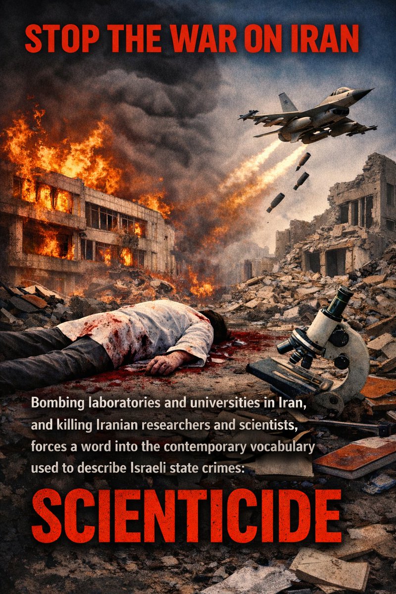 GhassemiElham's tweet photo. @Iranian_RCS @PadDolat @IRIMFA @IFRC_MENA @ifrc @Iran_GOV بمباران دانشگاهها و آزمایشگاه‌های ایران، و کشتن دانشمندان و پژوهشگران ایرانی، اصطلاحی را به ادبیات سیاسی در وصف جنایت‌های دولت ا س ر ا ی ی ل می افزاید: دانش‌کُشی.

#StopBombingIran #StopWarCrimes #Scienticide #Epistemicide #ScienceUnderAttack #Ecocide https://t.co/VpFaZJU2is