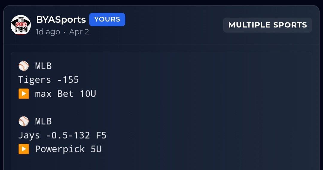 BYAsportsPRO's tweet photo. 10U ✅ in Asian baseball, 10U ✅ in MLB, plus a couple of 2U picks in other sports—we keep racking up the wins!

✅10U Wei chuan Dragons -150
✅10U Tigers -155
✅2U Raptors -12.5-110
✅2U Dallas OV238.5-10

❌2U Diamonbacks-110
❌5U Jays -0.5-132 F5

+17.2U 

@PicksCity https://t.co/vqXN4LRoLW