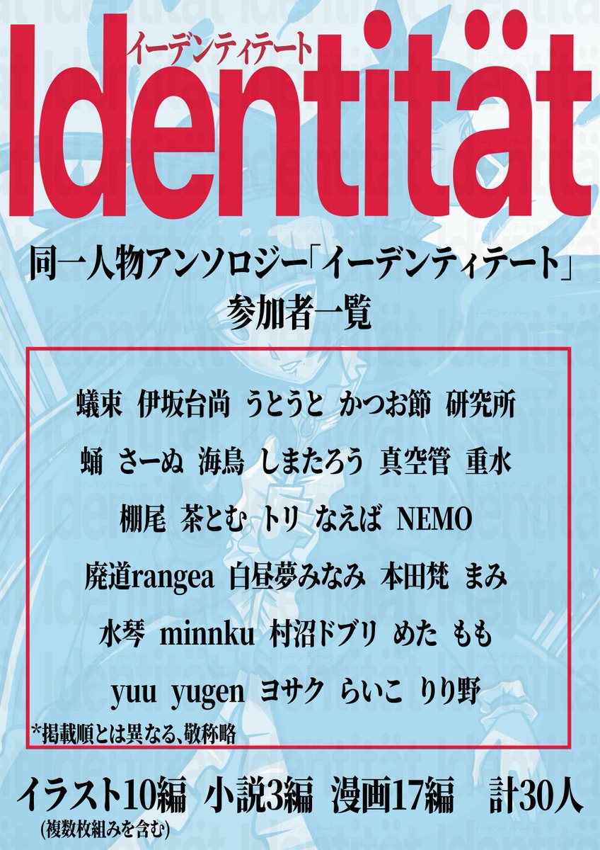 identitat72's tweet photo. 改めまして、当アンソロジーの参加者一覧です。
イラスト10編・小説3編・漫画17編の計30名となっております。

カバーカウントダウンは本日19:02より掲載いたします！よろしくお願いいたします。 https://t.co/3BKvwp274z