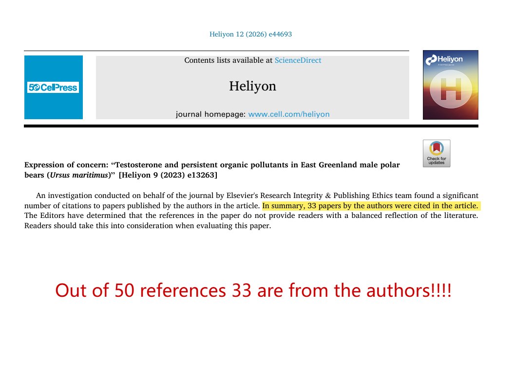 Spottingthespot's tweet image. The #papermill #fraud Christian Sonne from @AarhusUni escapes again! 33 references out of 50 are from the authors! @HeliyonJournal has published a lot of paper mill junk and is 'trying' to clean it up, but @ElsevierConnect refuses to really act.
10.1016/j.heliyon.2023.e13263