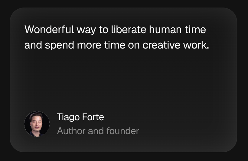 SparkleApp's tweet photo. Tiago Forte on Sparkle:

"Wonderful way to liberate human time and spend more time on creative work."

New Sparkle coming soon ✨ https://t.co/LECDwJxybB