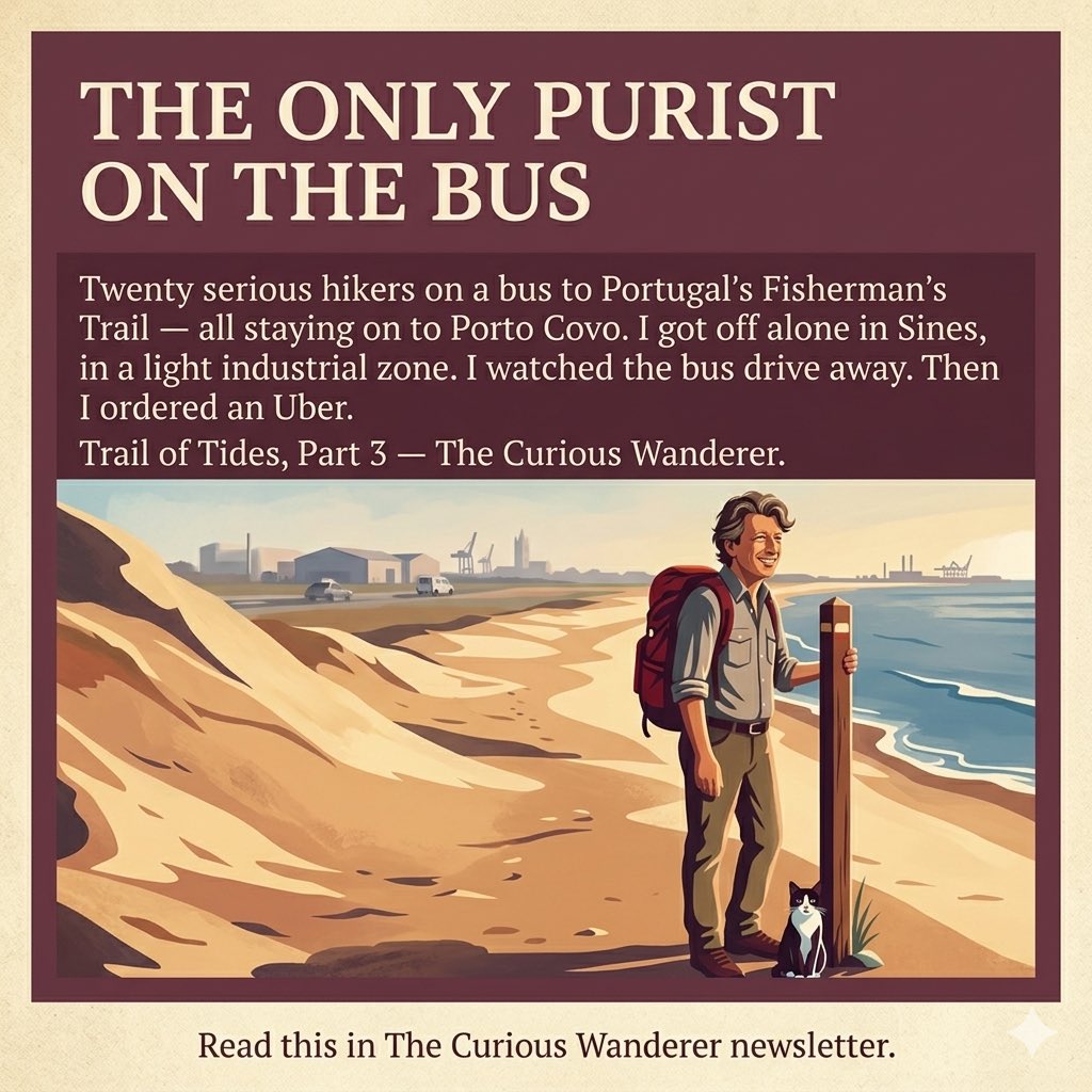 Alex_Verbeek's tweet image. I just published part 3 of the series on my recent hike along the southwestern coastline of Portugal.

Trail of Tides, Part 3: How I Ended Up Alone at a Beach Bar When Everyone Else Stayed on the Bus
➡️ thecuriouswanderer.substack.com/p/trail-of-tid…
#FishermensTrail #hiking #walking