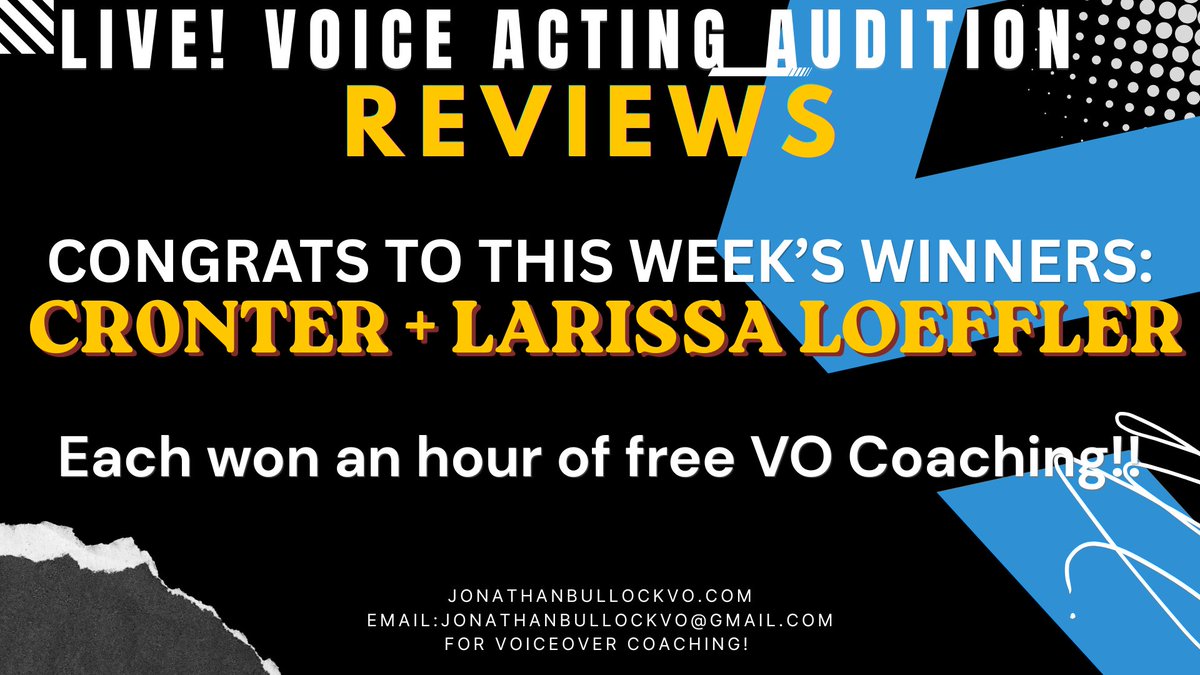 JonDavidTalent's tweet image. [FREE VOICEOVER CLASS RESULTS] 
Congratulations to our winners @Cr0nter + @Lari_actor! Each won an hour of free VO coaching! :)

#voiceacting #voiceover #voiceactor