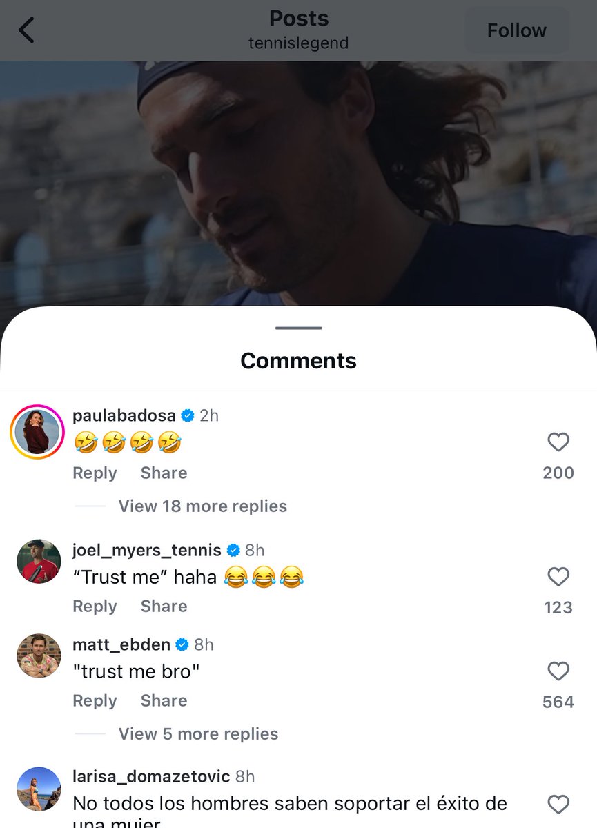 Paula Badosa comments under a video where Tsitsipas was asked if he’d prefer a tennis girlfriend or a non-tennis girlfriend

Stef: “Non-tennis girlfriend. Trust me. Even if you don’t want to admit there’s competitiveness, there’s always competitiveness.”

Paula: 🤣🤣🤣🤣