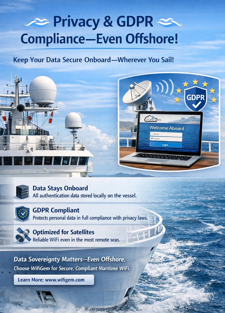 wifigem1's tweet photo. Your vessel could be violating privacy rules without knowing it. Most onboard Wi-Fi stores sensitive data in the cloud across jurisdictions. WifiGem keeps 100% of user data onboard and is built for #satellite networks worldwide. https://t.co/VKgExLWrGE #GDPR #MaritimeConnectivity https://t.co/44zUpwLqwe