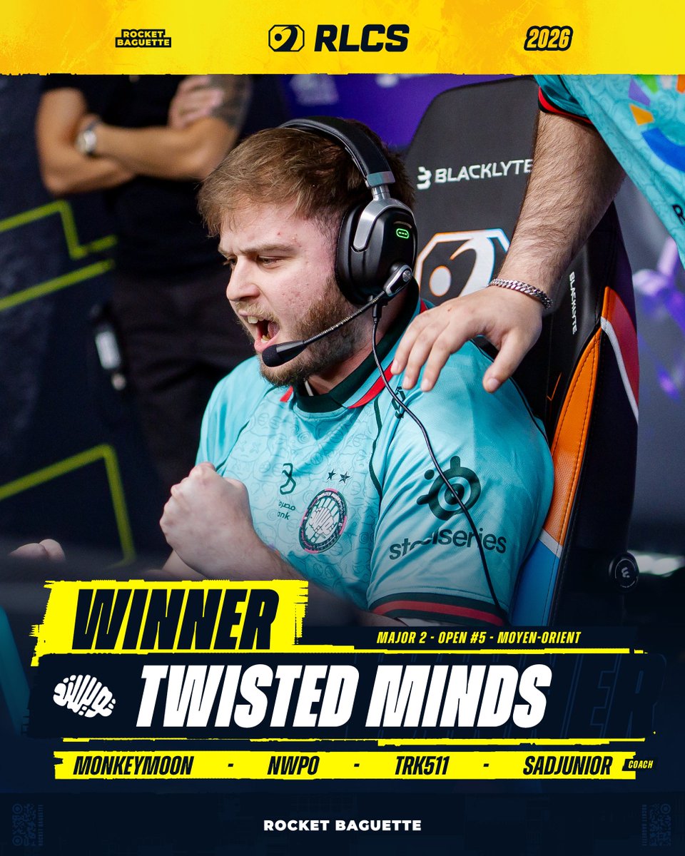 🏆 <a href="/TWISMINDS/">Twisted Minds 🧠</a> REMPORTE L'OPEN 5 #RLCS MENA ! 🇸🇦🧠

🇫🇷 <a href="/M0nkeyM00n/">M0nkey M00n</a> 
🇸🇦 <a href="/Nwporl_/">Twis Nwpo</a> 
🇸🇦 <a href="/Trk511__/">Trk511</a> 
🇨🇦 <a href="/Sadjuni0r/">Sadjunior‏</a> (C)

Cette victoire leur offre des points précieux pour la course au Major de Paris ! 🇫🇷