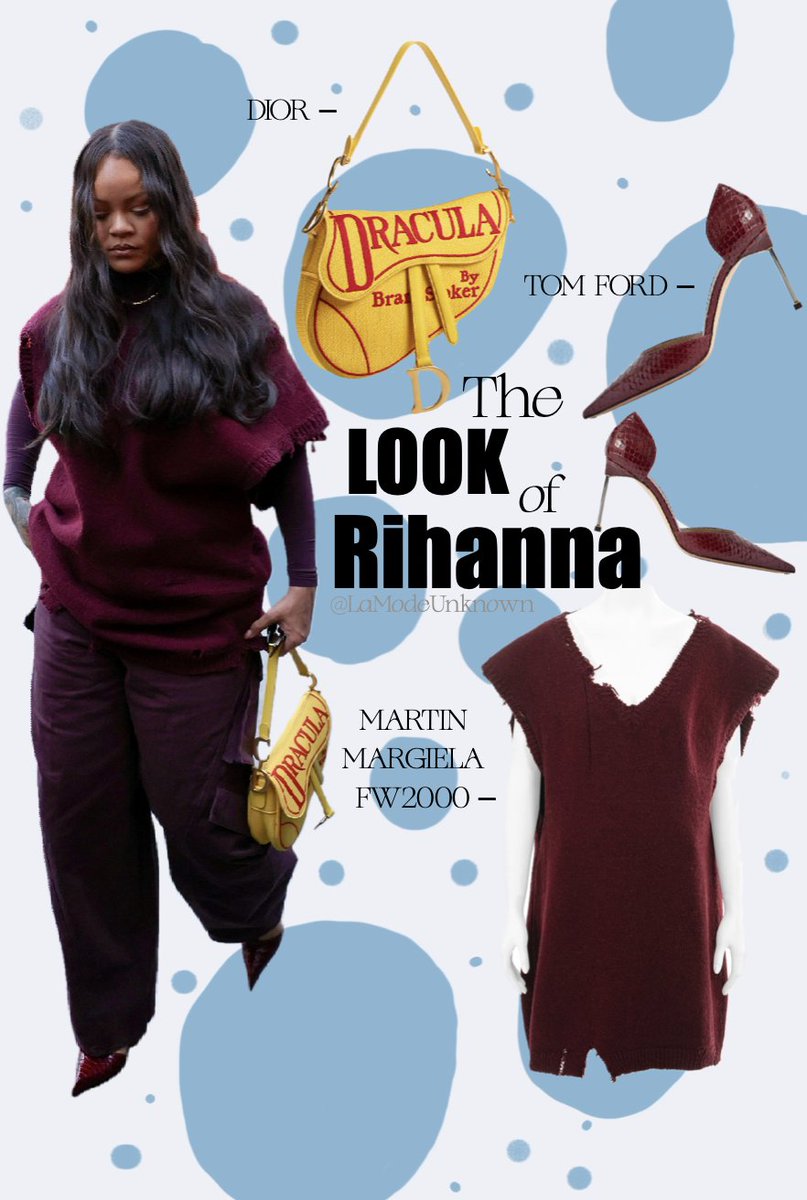 LaModeUnknown's tweet photo. STYLING of the day: ✨️Rihanna✨️ in a vintage Martin Margiela Fall/Winter 2000 vest, Dior by Jonathan Anderson 'Dracula' bag and Tom Ford snake-effect burgundy pumps.🪡 https://t.co/uk4b6IiZCF