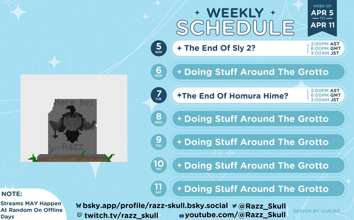 Razz_Skull's tweet photo. Almost forgot to post this whoops
Schedule for April 5 to 11
Fan Tag: #Nitelings
Art Tag: #Drawblin
Clip Tag: #RazzRecords https://t.co/iY2jxwdyLB
