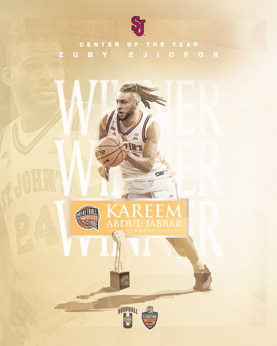 The Naismith Basketball Hall of Fame congratulates <a href="/StJohnsBBall/">St. John's Men’s Basketball</a> Center <a href="/Zubyejiofor/">Zuby Ejiofor</a> on winning the 2026 Kareem Abdul-Jabbar Award. 🏆

#KareemAward | #HoophallU