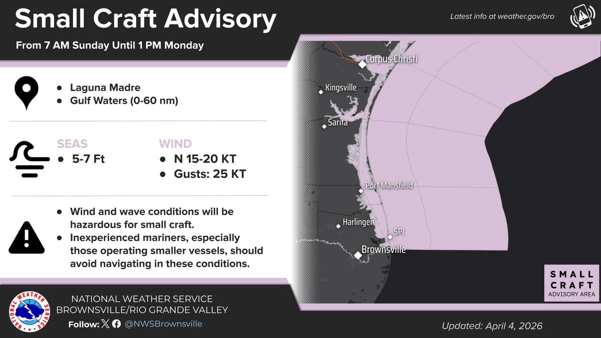 NWSBrownsville's tweet image. A Small Craft Advisory is in effect from 7 AM Sunday through 1 PM Monday for the Laguna Madre and Gulf waters due to strong winds and rough seas.  #txwx #rgvwx #spi