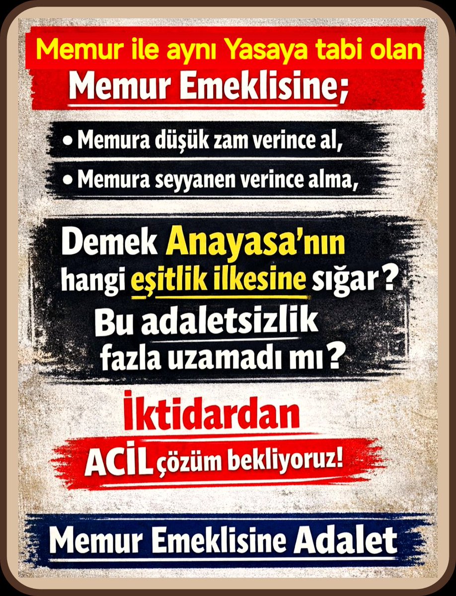 #EmekliMemur
#MemurEmeklisineAdalet 
#BirinciDereceye3600

<a href="/RTErdogan/">Recep Tayyip Erdoğan</a>  <a href="/dbdevletbahceli/">Devlet Bahçeli</a> <a href="/NumanKurtulmus/">Numan Kurtulmuş</a> <a href="/_cevdetyilmaz/">Cevdet Yılmaz</a> <a href="/memetsimsek/">Mehmet Simsek</a> <a href="/herkesicinCHP/">CHP 🇹🇷</a> <a href="/iyiparti/">İYİ Parti</a> <a href="/rprefahpartisi/">Yeniden Refah Partisi</a> <a href="/TBMMresmi/">TBMM</a> <a href="/SaadetPartisi/">Saadet Partisi</a>