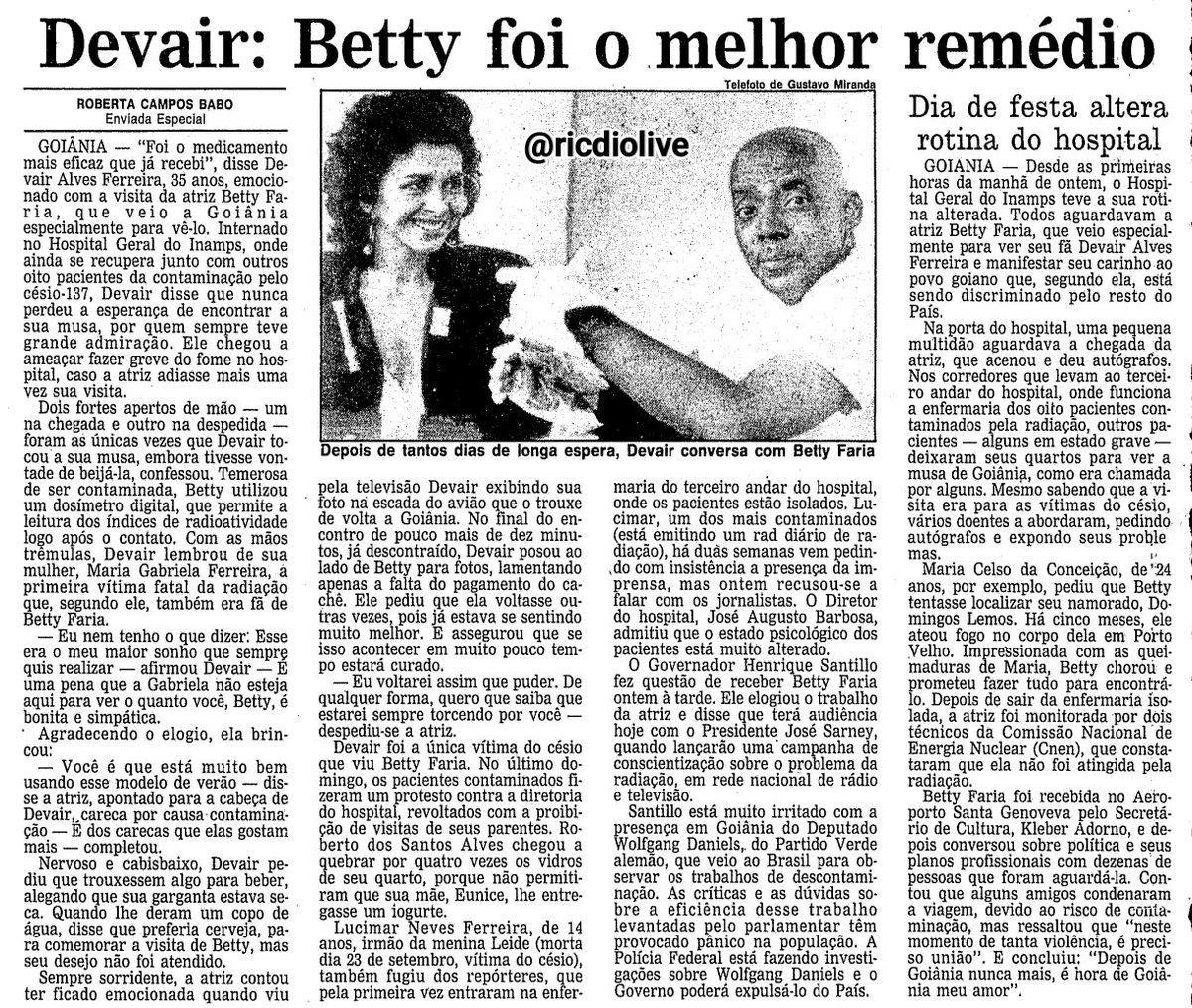 Terminei "Emergência Radioativa" sobre o Césio-137 e lembrei dessa situação curiosa. Pacientes ameaçando não comer p/ receber visita de seus artistas preferidos. Xuxa, é claro, estava na lista. Já Betty Farias, fez uma visita histórica ao hospital p/ ver o dono do ferro-velho