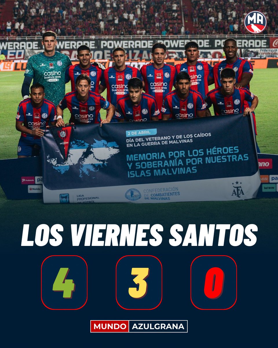 MundoAzulgrana's tweet photo. 😇🔵🔴 LOS SANTOS VIENEN MARCHANDO.

San Lorenzo NUNCA perdió un viernes santo. Jugó 7 partidos y está invicto en esa fecha histórica:

➖ 1-1 vs Boca (1974)
➖ 1-1 vs Racing (1975)
✅ 4-2 vs Argentinos Juniors (1976)
✅ 1-0 vs Arsenal (2008)
➖ 0-0 (4-3) vs Huracán (2019)
✅ 2-0 vs Rosario Central (2021)
✅ 1-0 vs Estudiantes (2026)