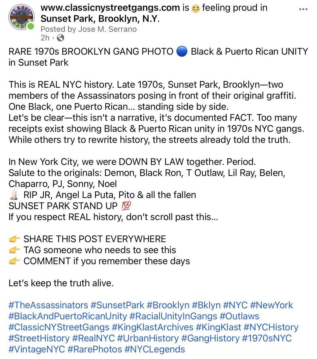 kingklast's tweet photo. RARE 1970s BROOKLYN GANG PHOTO 🔵 Black &amp; Puerto Rican UNITY in Sunset Park

#TheAssassinators #SunsetPark #Brooklyn #Bklyn #NYC #NewYork #BlackAndPuertoRicanUnity #RacialUnityInGangs #Outlaws #ClassicNYStreetGangs #KingKlastArchives #KingKlast #NYCHistory #StreetHistory https://t.co/y6YxDflkB2