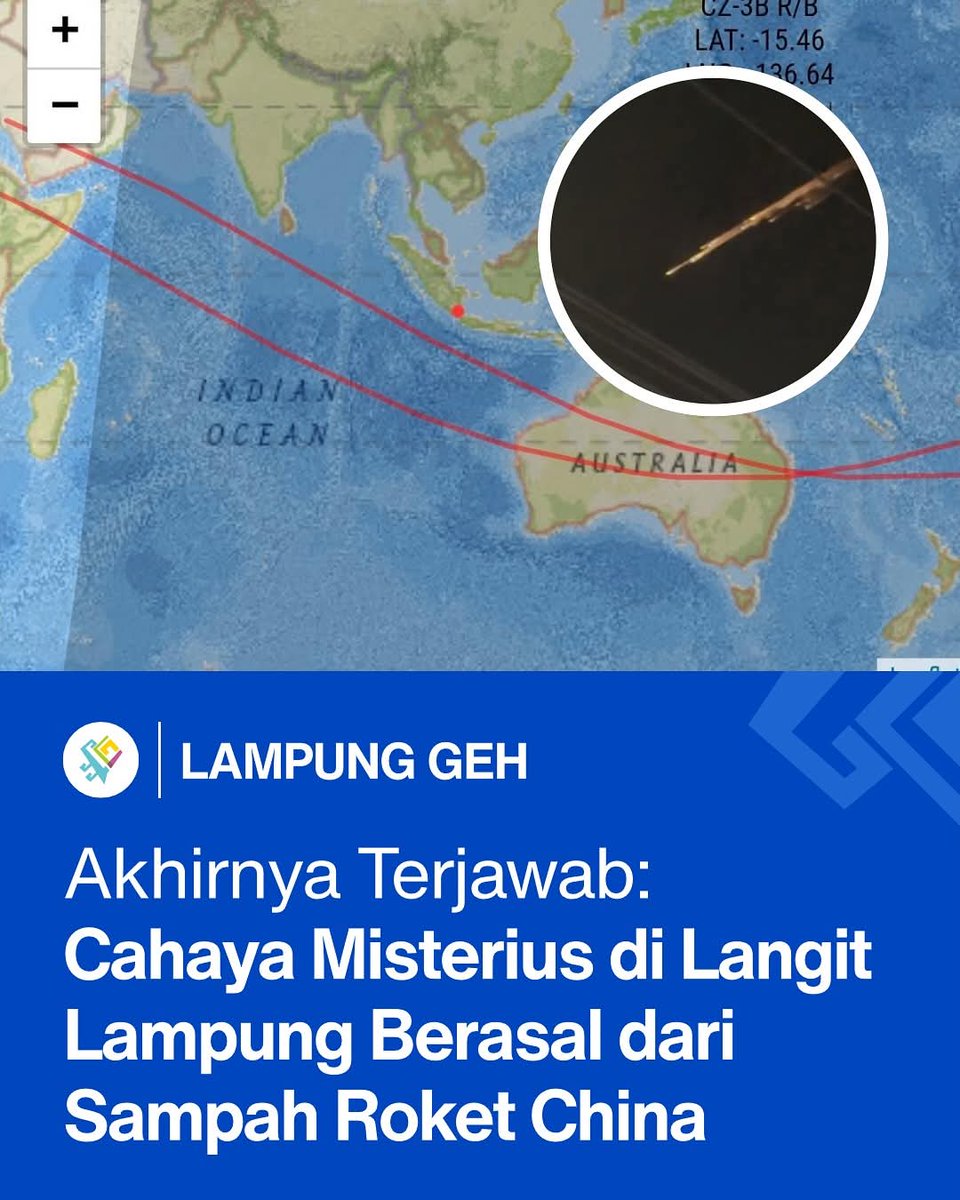 Gi_N0ng's tweet photo. Udah di Jawab nih gaes 

Benda bercahaya yang melintas di langit Lampung, Sabtu (4/4) malam, dipastikan sampah antariksa berupa tubuh roket Cina (CZ-3B R/B) yang terbakar saat masuk atmosfer.

Menurut OAIL Itera, objek ini bukan komet atau meteor. Dilihat dari gerakan dan pecahannya, ini sisa peluncuran roket yang “balik” ke bumi.

Tenang Sekelik, fenomena ini nggak berbahaya, karena sebagian besar sudah terbakar di atmosfer.