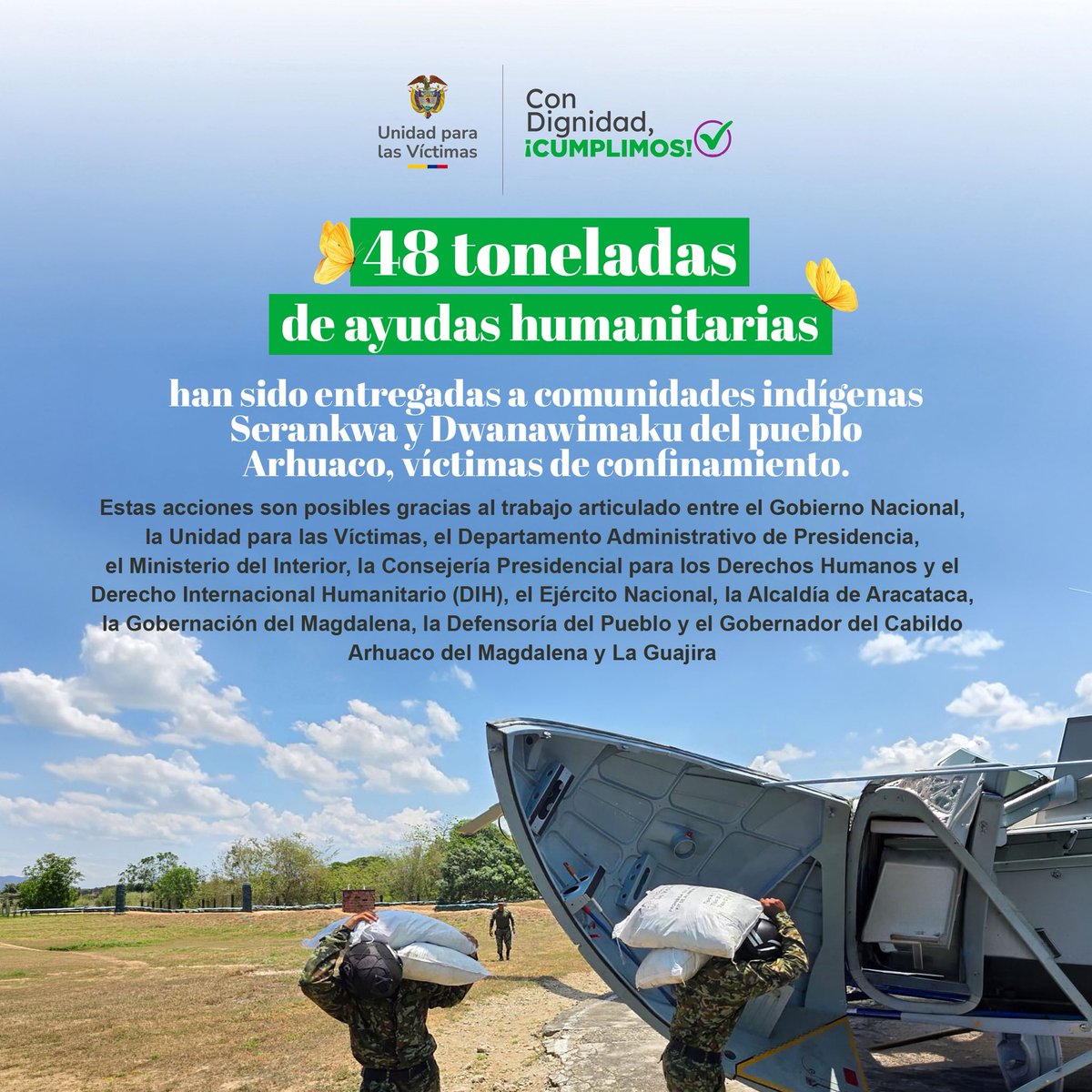 UnidadVictimas's tweet photo. La @unidadvictimas ha entregado 48 toneladas de ayuda humanitaria a 465 hogares indígenas en #Aracataca. En trabajo articulado con el Gobierno y entidades locales, se transportaron 17 toneladas para las comunidades Serankwa y Dwanawimaku. https://t.co/qGKzNLzFrk