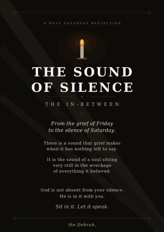 TheDebrah_'s tweet photo. From the grief of Friday to the silence of Saturday. Silence in heaven. Silence on earth. Noise in hell. All for the joy of Sunday!

Continue reading here; https://t.co/KTLVXb6pNq

P.S: "Sound of Silence" has been in my head since 2018-ish. 😅 https://t.co/HUnTeSCbLH