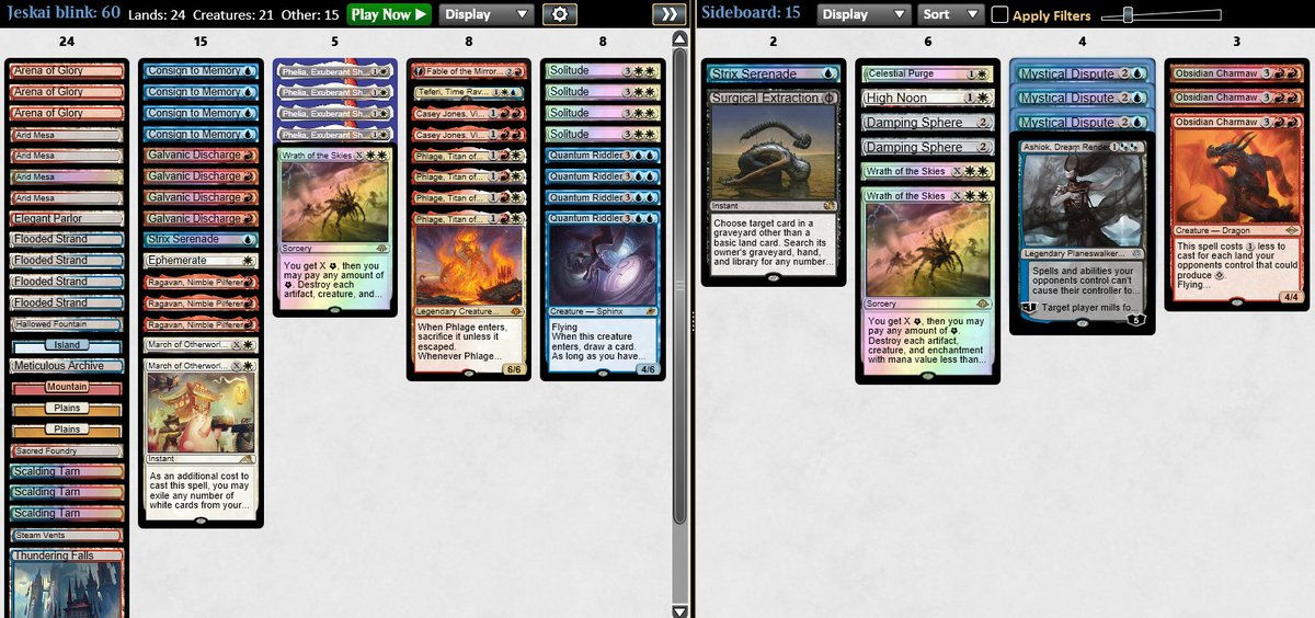 One and done for Ghent 🇧🇪. This time I just copied a list and I only made 3 changes.

1. UR affinity ❌✅✅
2. Boros energy ❌✅❌
3. Esper goryos ✅✅
4. Boros energy ✅✅
5. Esper blink ✅✅
ID
QF. Dimir flash ✅❌✅
SF. Mirror ✅✅
F. BG soultrader combo ❌✅✅