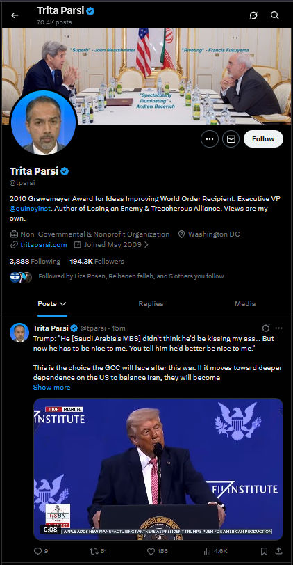 WalkmanNight's tweet photo. 🚨@SecRubio  @StateDept_NEA Look right here.

 If you are serious about rooting out Iranian terror operatives, start with the VIPs. #Trita #Parsi is the regime's lead propagandist operating right on US soil. Investigate his network next. 

#HomelandSecurity  #ProtectUSSoil #USSecurity

@Realneo101
https://t.co/vOZDdcjqbw
