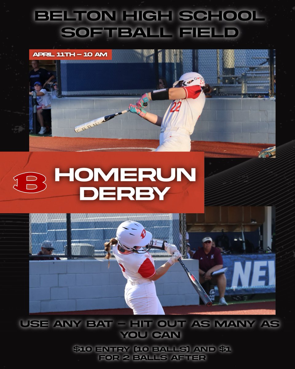 BHSLTSoftball's tweet photo. CALLING ALL HOMERUN HITTERS! 

Next Saturday, April 11th, is the day to come see how many you can hit out at the Belton HS softball field at 10 am! 

Prizes for the winners! 🥇

Tag someone you think you can out hit next weekend 😤 https://t.co/Ppap0DbW0h