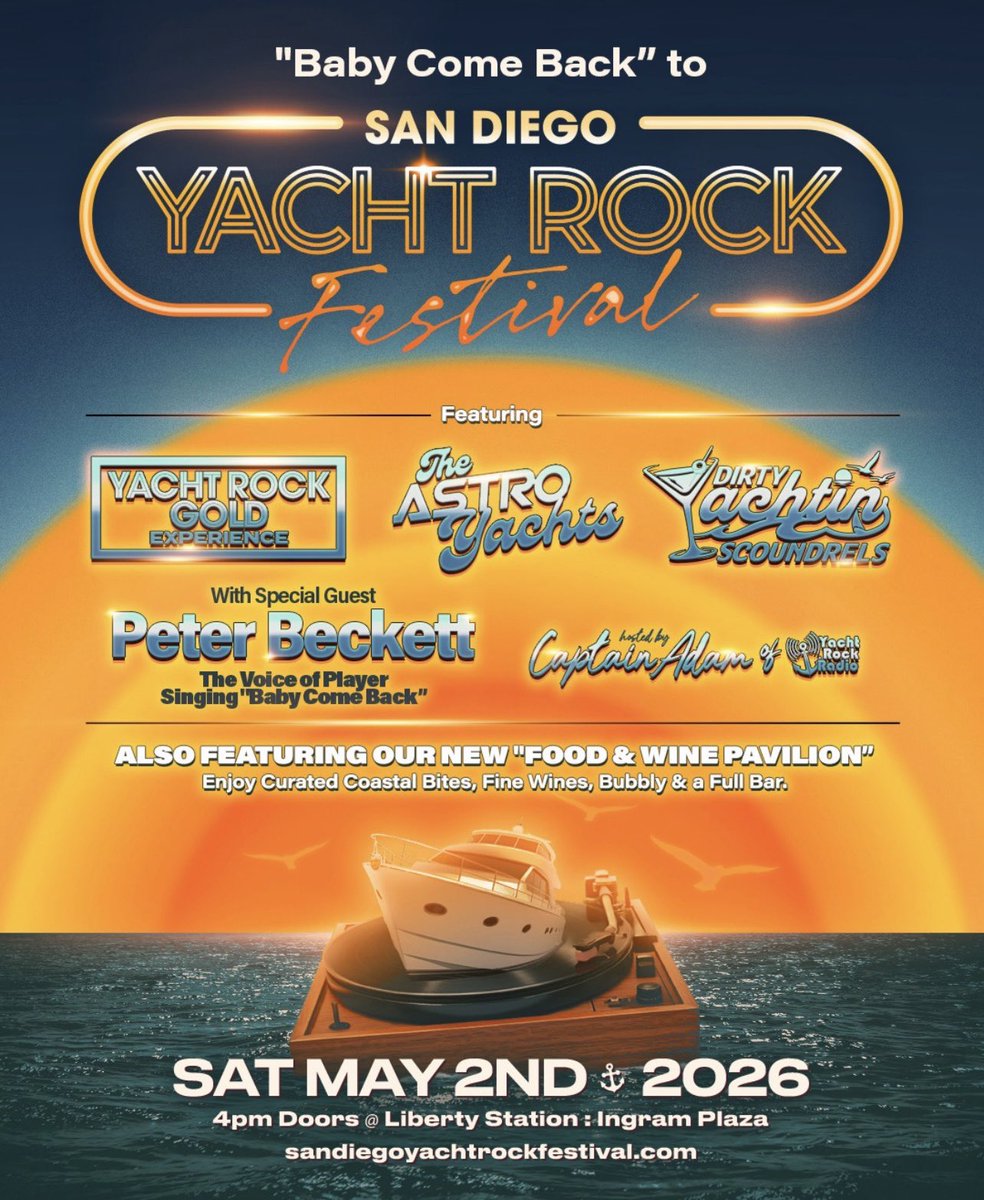 yachtrockradio's tweet photo. Four weeks from today… The #SanDiego #YachtRock Festival, sailing on May 2nd at Liberty Station! 3 Tributes PLUS @peterpbeckett the Voice of Player performing #BabyComeBack. Hosted by Captain Adam from #YachtRockRadio. Get tix now at https://t.co/0x8wkzvHD7. https://t.co/0hfk08QXrG
