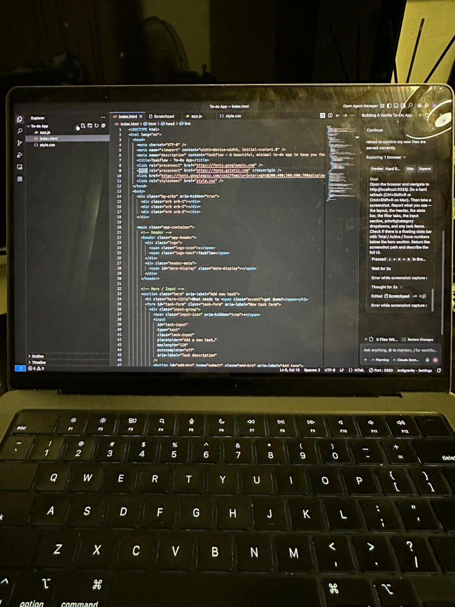 ChizzyHemperor's tweet photo. Week 1 into @devanddesignhq's Design2MVP course and we’re already building.
We started by setting up the foundation:
•⁠  ⁠Installed Node.js
•⁠  ⁠Set up GitHub
•⁠  ⁠Created a Vercel account
•⁠  ⁠Got familiar with popular AI tools, ChatGPT, Gemini, Claude, and DeepSeek
Then we didn’t stop there…
We built a basic To-Do List app using HTML, CSS, and JavaScript powered by Antigravity.
This is a different shift for me.
Moving from just designing interfaces to actually bringing ideas to life.
Still early, but I can already see how this changes my workflow:
Think → Design → Build → Test
And we’re just getting started.