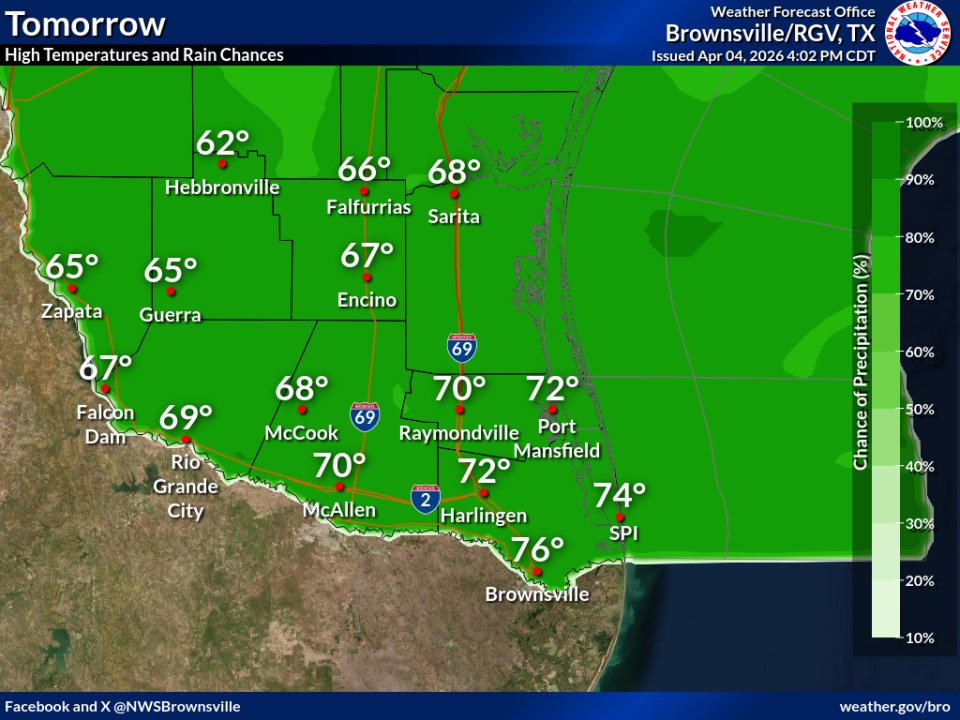 NWSBrownsville's tweet image. Here are the forecast high temperatures and rain chances for Deep South Texas on Sunday. #txwx #rgv #spi