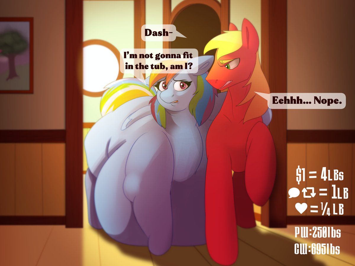 Cowbesity's tweet photo. Big Mac escorts Rainbow Dash down to the porch as she really has no business in the tub anymore. i doubt they'll get her back up the stairs. make her huge here ->https://t.co/a7Lj1E6U98 https://t.co/uGcvJroNbO