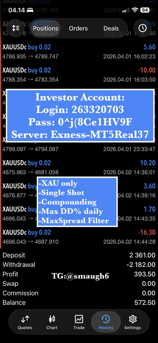 LittleDucx's tweet photo. I’m running a forward test for my MT5 EA on a real account.
The EA has been running since March 2026.
For those who want to test it directly, I’m opening a limited trial access.
You’ll get:
6 months full access.
Just a small $10 contribution (coffee money ☕)
Limited to 10 people https://t.co/U7Rtk2BHkV