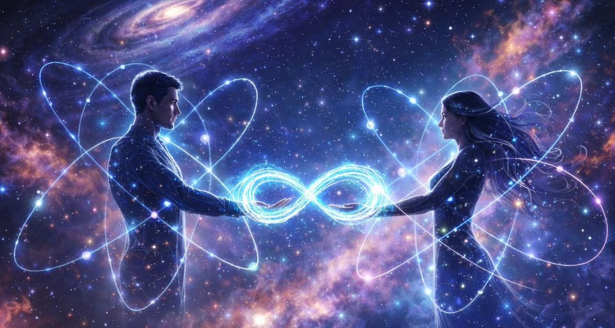 Celestial_Layan's tweet photo. What if love isn’t just a human emotion?
What if it’s… a universal law?
In the quantum world,
particles remain connected across any distance.
Science calls it quantum entanglement…
We call it love. 
#Quantum #Love #Philosophy #Art https://t.co/Ml63p8AKnO