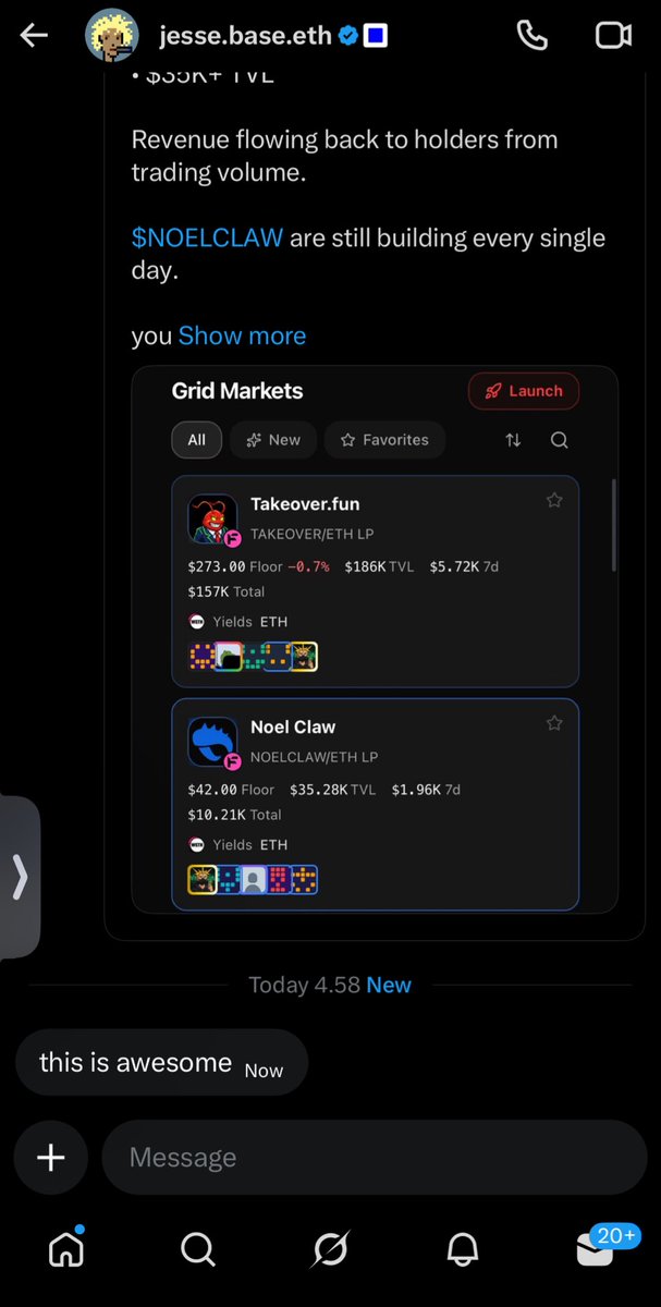shared some of what we’re building with noelclaw to <a href="/jessepollak/">jesse.base.eth</a> and got a “this is awesome” back💙

still a lot to improve, but it’s cool seeing people in the ecosystem starting to notice.

back to building.