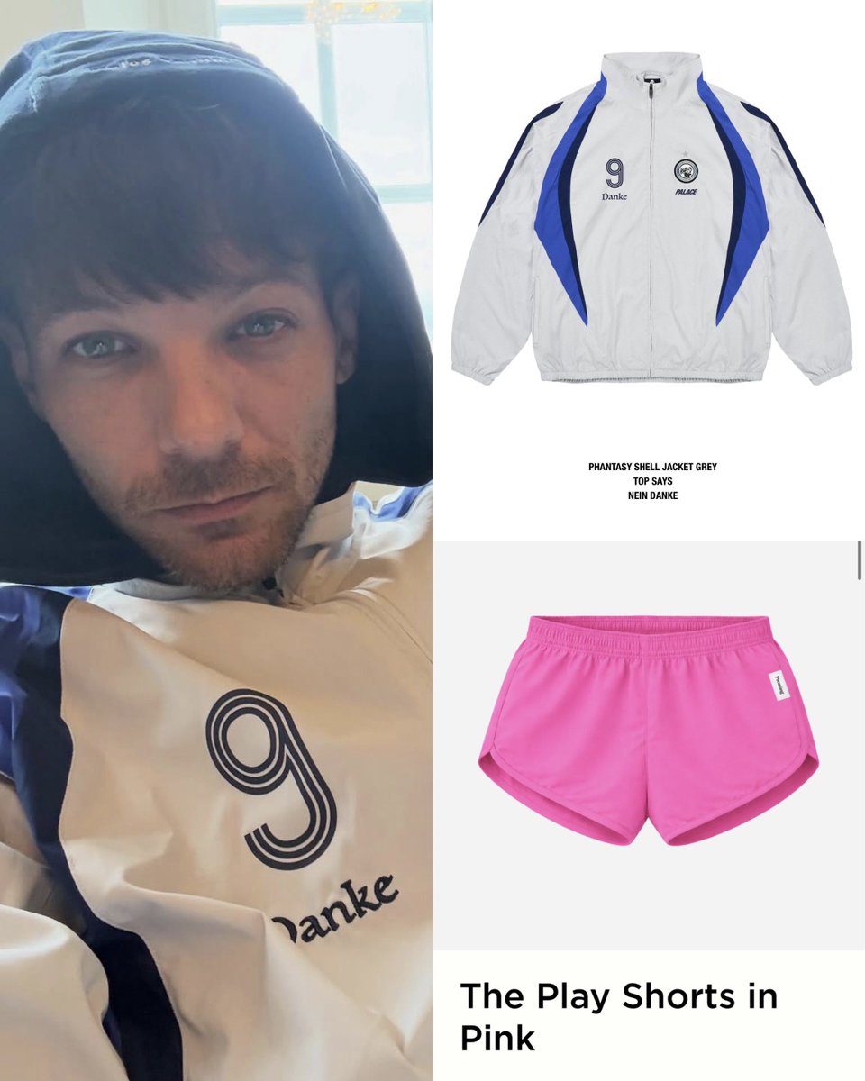 timeisupforus's tweet image. In his recent Instagram post Louis Tomlinson is wearing

#Palace PHANTASY SHELL JACKET GREY($335)
🔗goat.com/apparel/palace…

@Pleasing The Play Shorts in Pink($60)
🔗pleasing.com/products/the-p…