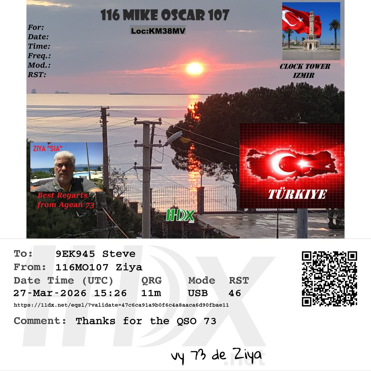 9va3945's tweet photo. Qso. with Sia 116mo107 near Izmir Turkiye tnx. 73 https://t.co/rCfj52XS8V