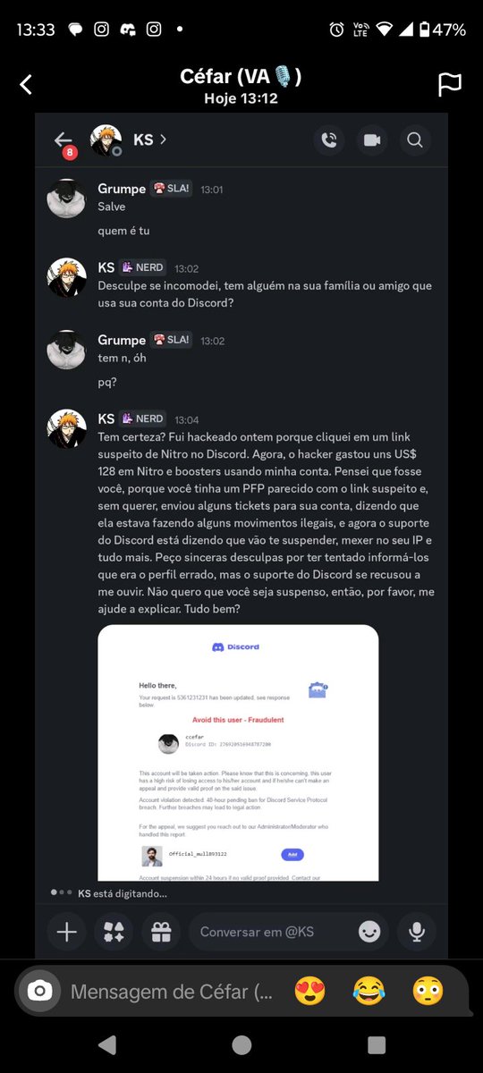 Ks_Rodrigues777's tweet photo. @discord 
Boa tarde,eu queria solicita o desligamento da minha antiga,pois eu sofri um ataque hacker no dia 02/042026 onde o hacker usava a conta de uma amiga minha,e infelizmente eu cair,e agora o hacker está mandando mensagem para todas as pessoas que eu tinha lá,enfim, é isso. https://t.co/0DAv4HTf7X