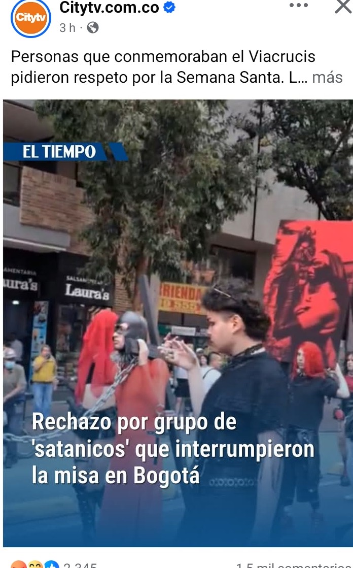 CDLR_Bogota's tweet photo. El @CDLR_Bogota rechaza actos de grupo de "Satánicos" en cra 7 y en la entrada de la Iglesia de San Francisco, en la celebración de la Semana Santa que hace la fe Cristiana. La Ley 133/94 no da reconocimiento al "Satanismo".  Urgente la garantía de derechos al sector Confesional. https://t.co/oREmKysEC2
