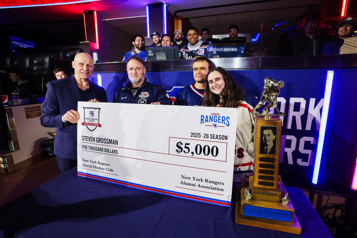 JuniorRangers's tweet photo. Congratulations to our 2026 Emile Francis Award winner Steven Grossman from the New York Raptors Special Hockey Club!

For over 20 years, Steven has made a lasting impact on local youth hockey as a volunteer and embodies the qualities of the great @NYRangers coach Emile Francis 👏