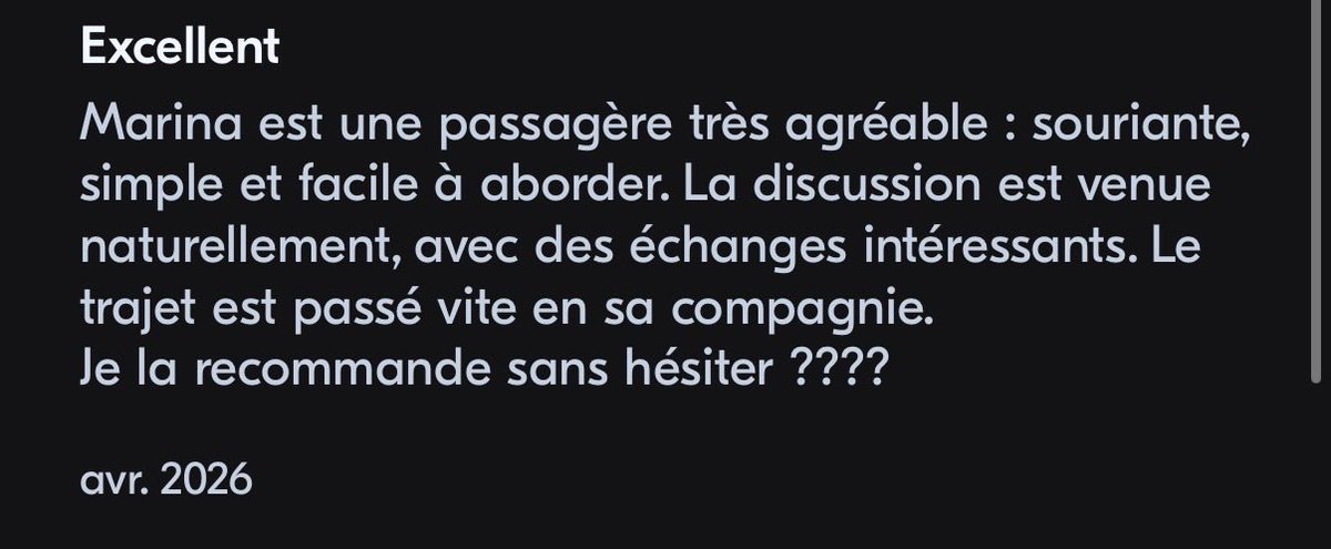 jennobie's tweet photo. quand jme sens nulle j’ai juste à regarder mes avis blablacar et tout va mieux https://t.co/qtisClQSQU