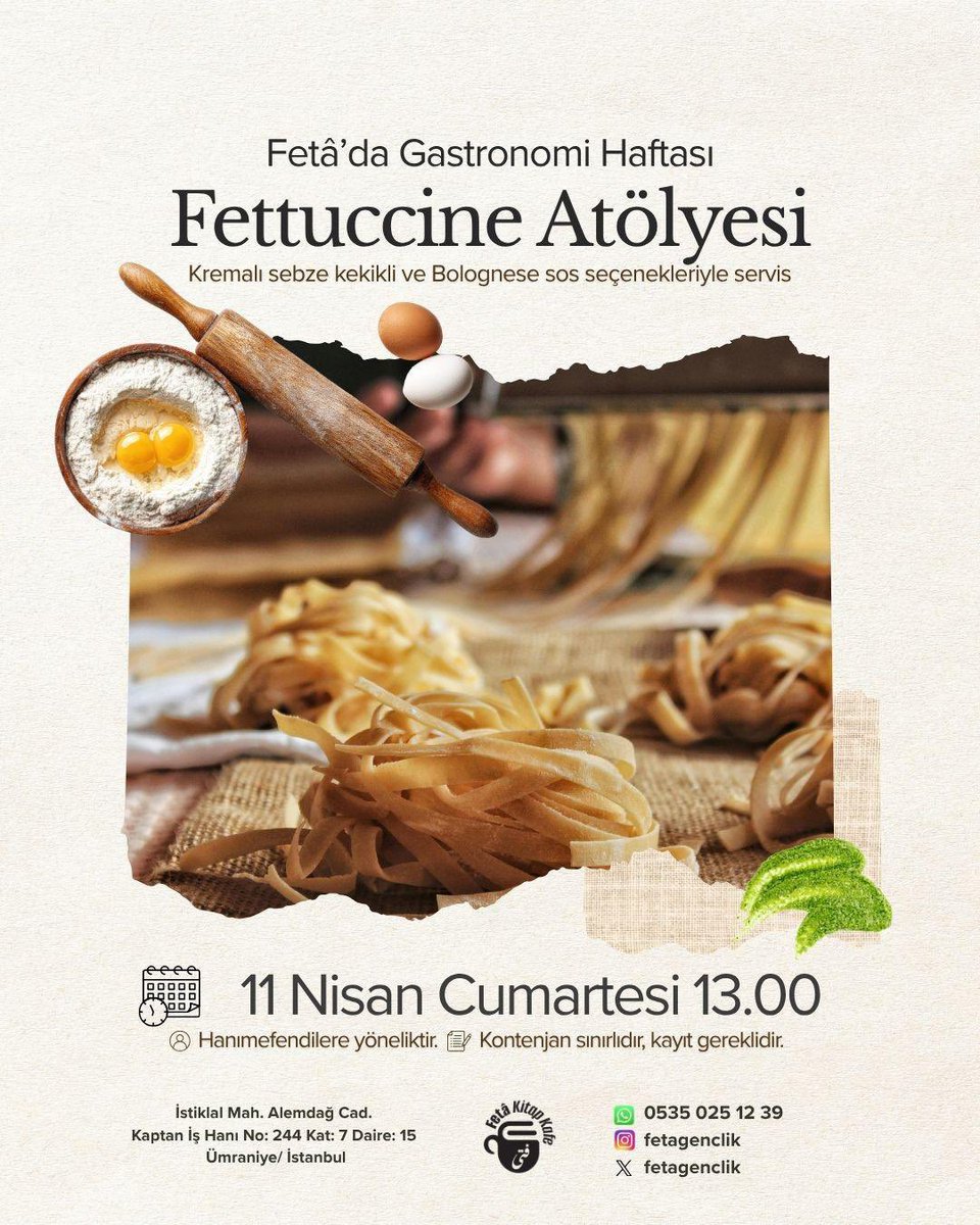 fetagenclik's tweet photo. 🍝 Fetâ’da Gastronomi Haftası: Fettuccine Atölyesi!
Taze makarnanın sıcak dokusu, kremalı mantarın yumuşacık lezzeti ve bolognese sosunun aroması…
Bu Cumartesi, el açması fettuccine yapımını hem öğreniyor hem de kendi emeğinizle hazırladığınız makarnayı keyifle yiyorsunuz. 💛 https://t.co/bTSVCV3W6O