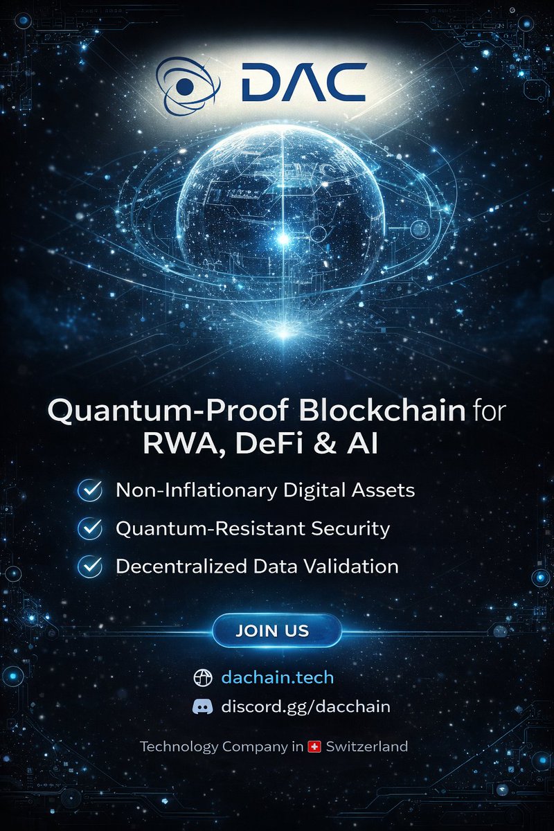 saadu0644's tweet photo. The next phase of blockchain will not be defined by hype, it will be defined by resilience, utility, and long-term design.

DAC is positioning itself precisely at that intersection.

A quantum-proof, non-inflationary blockchain built for real-world adoption across RWA, DeFi, and AI.

→ This is not an upgrade. It is a shift in foundation.

Today’s blockchain infrastructure faces three critical limitations. Vulnerability to quantum computing, inflationary token economics, and unreliable data validation.

DAC addresses each of these at the architectural level.

Its quantum-resistant design ensures long-term cryptographic security in a post-quantum world, where traditional systems may become obsolete.

→ Future security is not optional. It is essential.

At the economic layer, DAC removes the dependency on inflation-driven growth.

A non-inflationary model introduces scarcity, predictability, and stronger value alignment for participants.

This is where sustainable ecosystems begin.

→ Stability creates confidence. Confidence drives adoption.

DAC is also engineered with real-world integration at its core.

From tokenizing real-world assets to powering decentralized financial systems, it creates a seamless bridge between traditional and digital economies.

At the same time, it enables AI ecosystems with secure, verifiable, and tamper-proof data flows.

→ In the age of AI, data integrity is everything.

Decentralized data validation ensures that trust is embedded into the network itself, not outsourced to intermediaries.

This unlocks scalable use cases across industries, including finance, logistics, identity systems, and intelligent automation.

→ Trust becomes infrastructure.

What sets DAC apart is not a single feature, but the coherence of its design.

Security, economics, and utility are aligned from the ground up.

This is how next-generation networks will be built.

Quietly, deliberately, and with long-term intent.

DAC is not following the market.

It is preparing for what the market will demand next.

@dac_chain