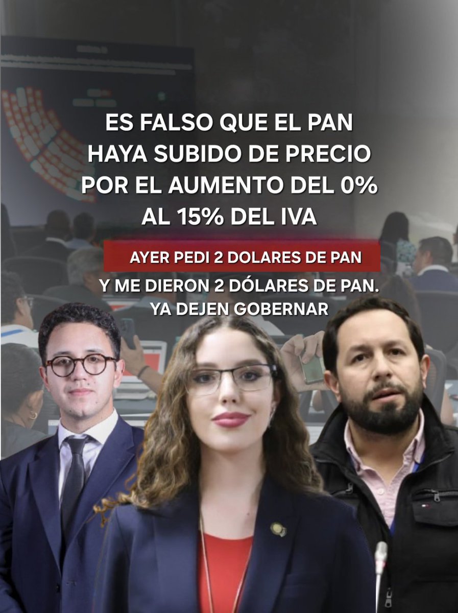 Ya dejen gobernar!!
Es falso que el pan haya subido de precio, solo subió el IVA del 0% al 15%.
<a href="/camileonok/">Camila León</a> <a href="/acastropiedra/">Adrian Castro (El ShunGo)</a>