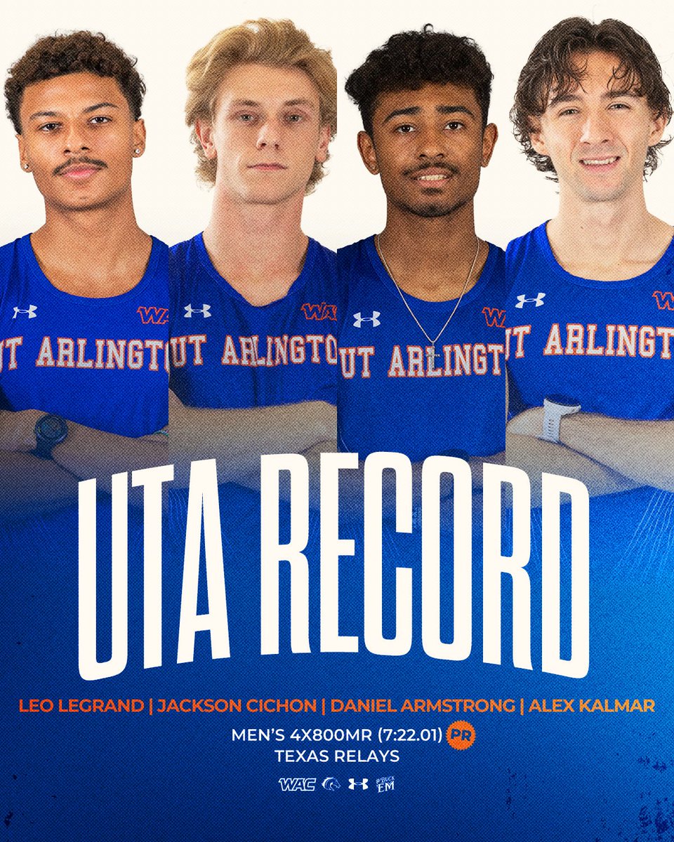 UTAMavsTFXC's tweet photo. SETTING RECORDS AND TAKING NAMES 🥳

UTA’s men’s 4x800mR team of Jackson, Leo, Daniel and Alex placed second at Texas Relays, setting a new school record (7:22.01) 🥈

And shattering the previous mark of 7:26.47 from 2009 by nearly five seconds! 💨⏱️

#BuckEm🐎 https://t.co/881TQzcImD
