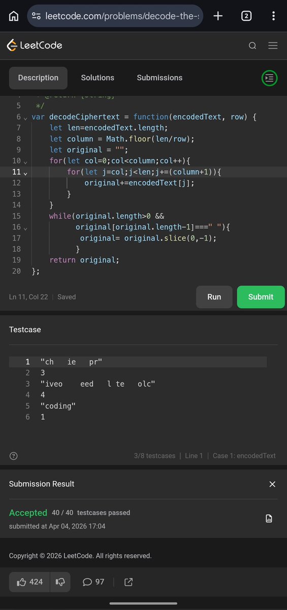 Pratikshak19332's tweet image. 🎊 Day 549 of @LeetCode #POTD 🚀

💡 Decode Ciphertext

🔹 Approach 1: Build matrix → traverse diagonals
🔹 Approach 2: Direct diagonal traversal (no matrix)

From extra space → optimized logic 🔥

#leetcode #POTD #DSA #coding