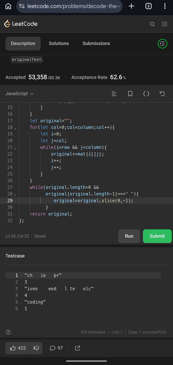 Pratikshak19332's tweet image. 🎊 Day 549 of @LeetCode #POTD 🚀

💡 Decode Ciphertext

🔹 Approach 1: Build matrix → traverse diagonals
🔹 Approach 2: Direct diagonal traversal (no matrix)

From extra space → optimized logic 🔥

#leetcode #POTD #DSA #coding