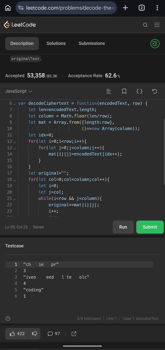 Pratikshak19332's tweet image. 🎊 Day 549 of @LeetCode #POTD 🚀

💡 Decode Ciphertext

🔹 Approach 1: Build matrix → traverse diagonals
🔹 Approach 2: Direct diagonal traversal (no matrix)

From extra space → optimized logic 🔥

#leetcode #POTD #DSA #coding