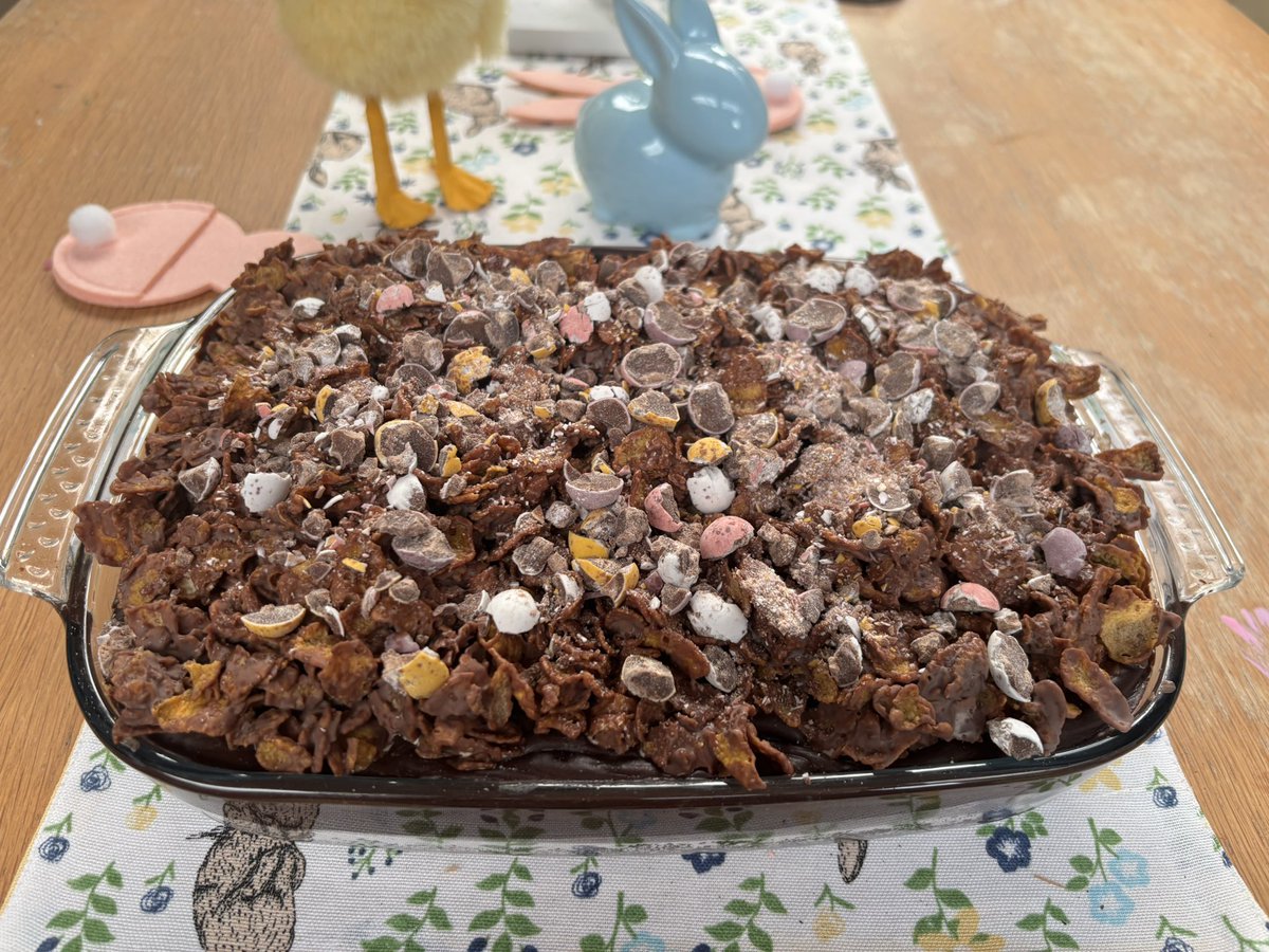 Easter baking , chocolate mini egg covered flapjacks and the viral chocolate cake topped with genache and chocolate mini egg cornflakes .