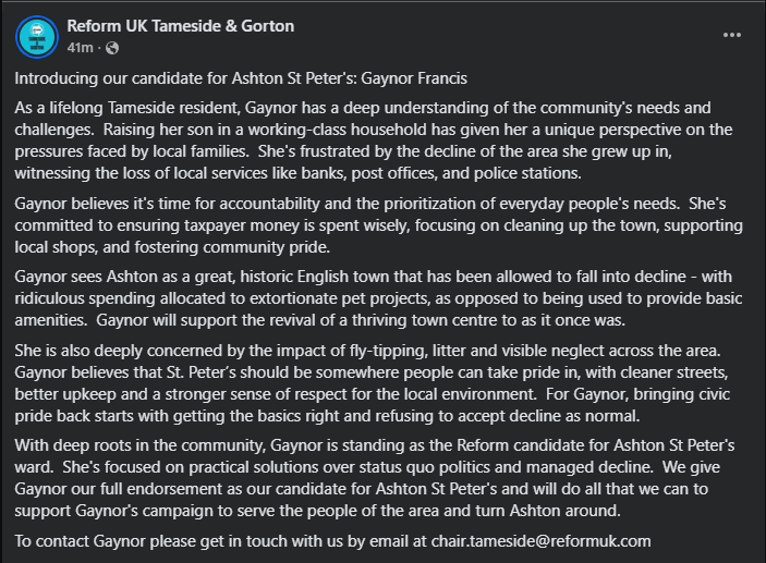 Tameside and Gorton Branch Reform UK tweet media