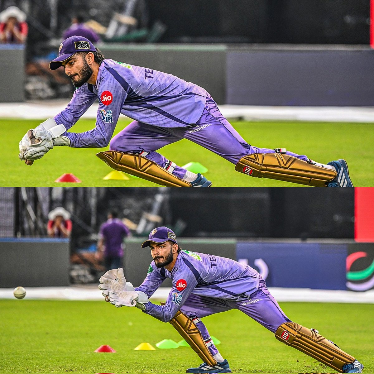 KnightsVibe's tweet photo. TEJASVI SINGH DAHIYA HAVING A INTENSE SESSION WITH WICKET KEEPING &amp; BATTING TODAY 💥💜🥵⚠️ 

can we expect him to be starting against PBKS on Monday ? https://t.co/kIuPTXotcH