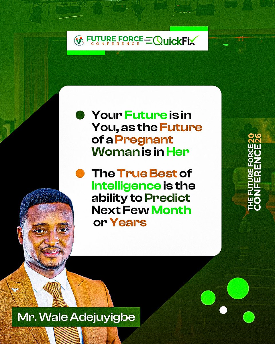 futureforceconf's tweet photo. What does it take to prepare for the future?

Coach Wale answered them all at Future Force Conference 2026.

Your future is in you, as the future of a pregnant woman is in her — Wale Adejuyigbe. https://t.co/rSmxMGE2UK