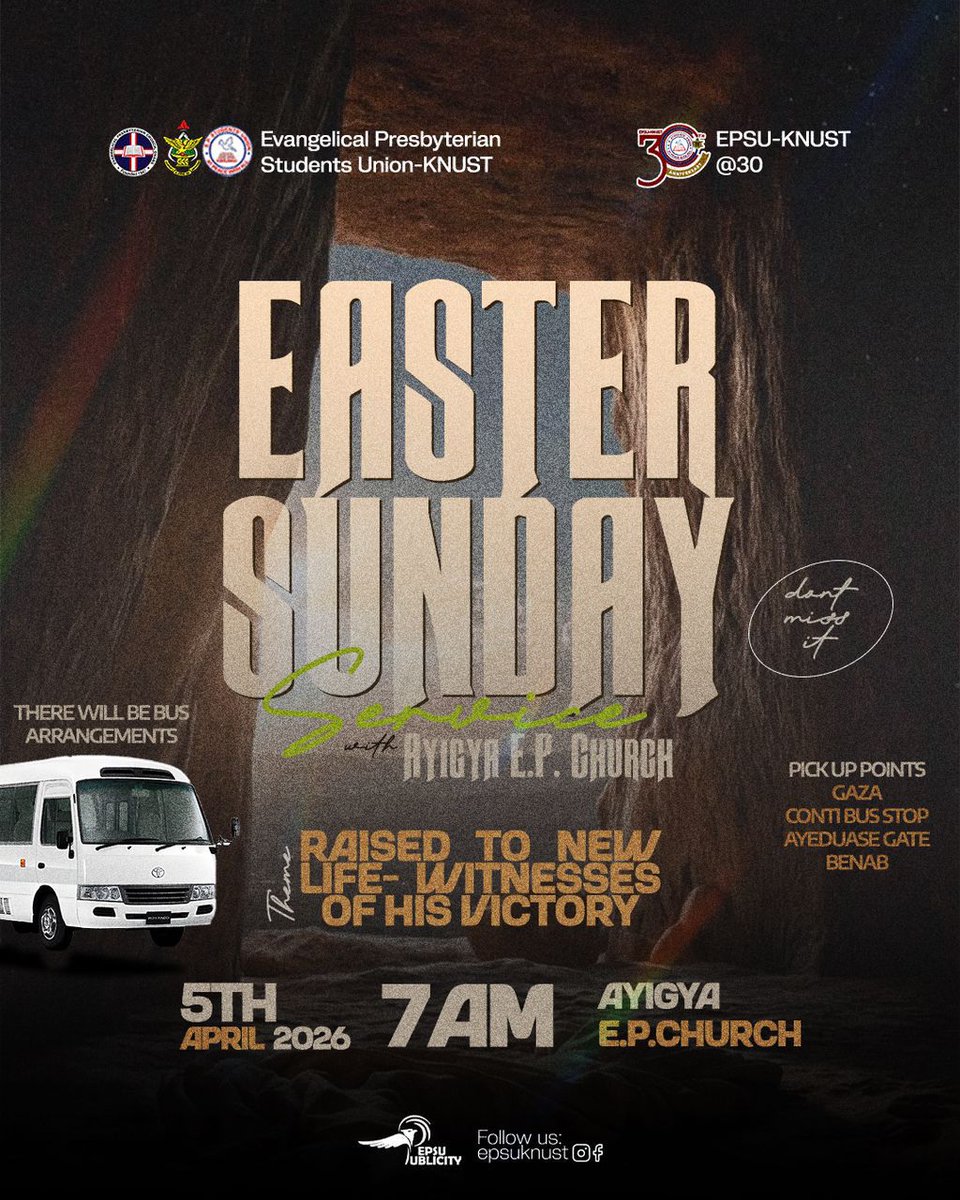 epsuknust's tweet photo. SUNDAY SERVICE✝️⛪.

Make it a point to fellowship with us as we joyfully celebrate the resurrection of our Lord Jesus Christ🎉✝️.
Bus arrangements have been made for easy commuting🚎
#LoveSanctuary⛪❤️
#LorLorSorrrrrrr🫂❤️
#EPSU-KNUST@3️⃣0️⃣ https://t.co/lMwY3Lfla5